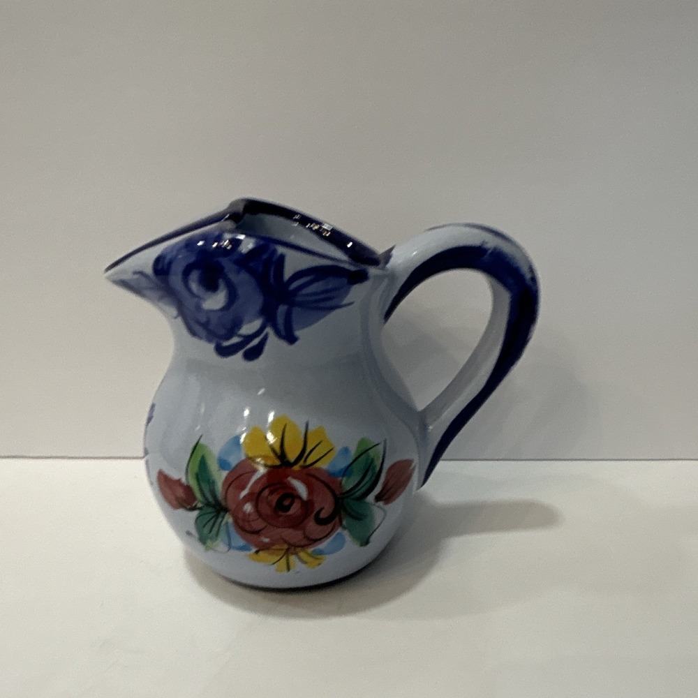 12 oz Hand Painted Floral Ceramic Pitcher w/ Handle, Blue Rim, Portugal